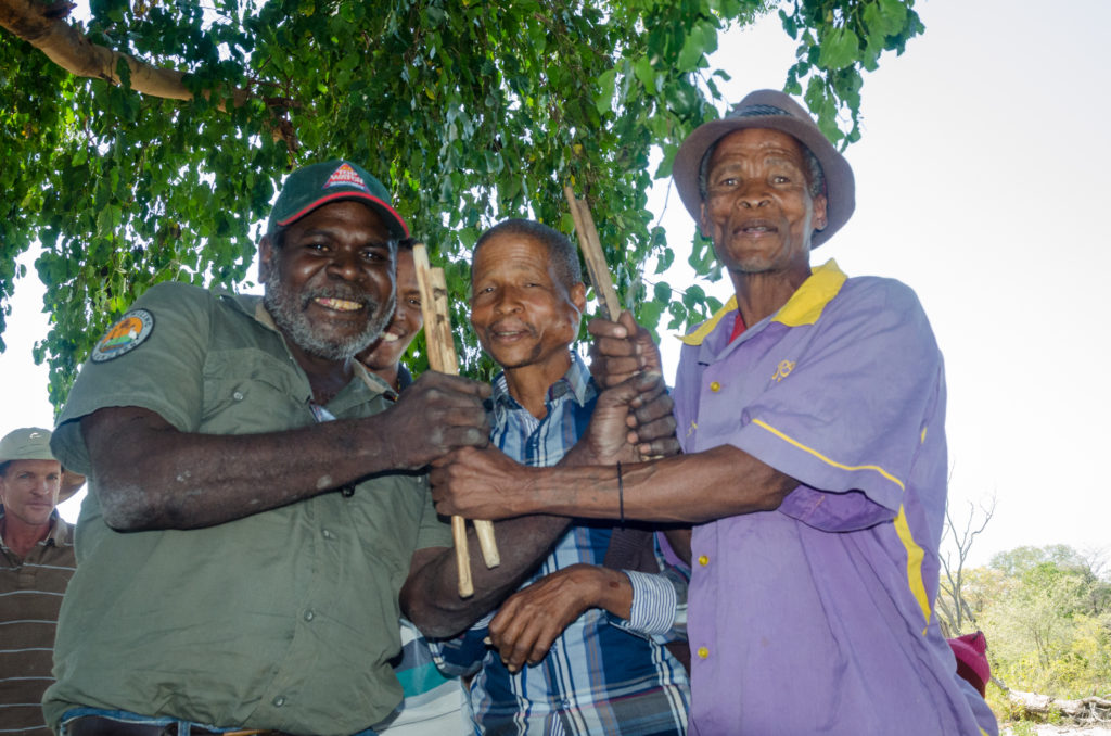 Indigenous ranger from the Kimberley exchanging knowledge with members of the San community from the Tsodilo Hills in Botswana during an ISFMI exchange